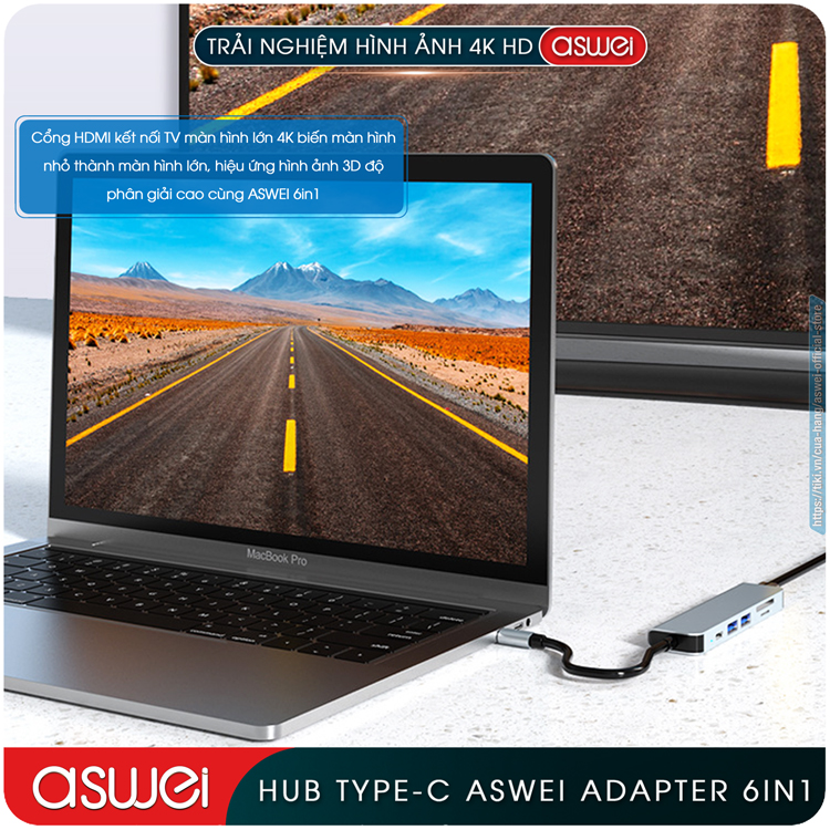 Hub Type C ASWEI 6 in 1 To HDMI, USB 3.0, SD, TF, PD - Hub Chuyển Đổi USB Type C 6 Cổng - Cổng Chia USB, Ổ Chia USB Tốc Độ Cao Dành Cho MacBook, Tivi, Laptop, PC, Máy Tính Bảng, Smartphone – Hàng Chính Hãng