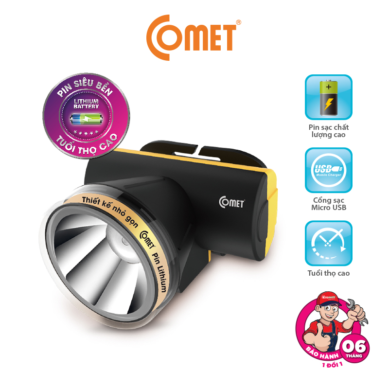 Đèn Pin Sạc Led Đội Đầu Comet CRT1613 2W Lithium 1800mAh Siêu Sáng, Ánh Sáng Trắng