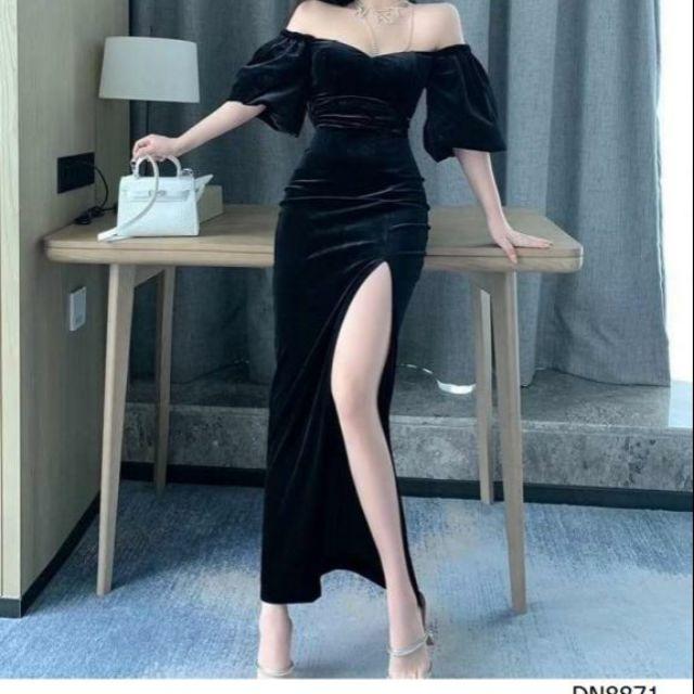 Đầm bẹt vai tay rút xẻ tà sexy