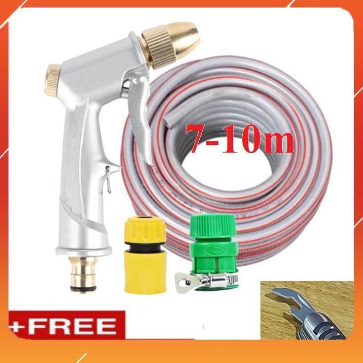 Bộ dây vòi xịt bơm nước tưới rửa , tăng áp 3 lần, loại 7m, 10m 206701 đầu đồng, cút,nối vàng + mở chai