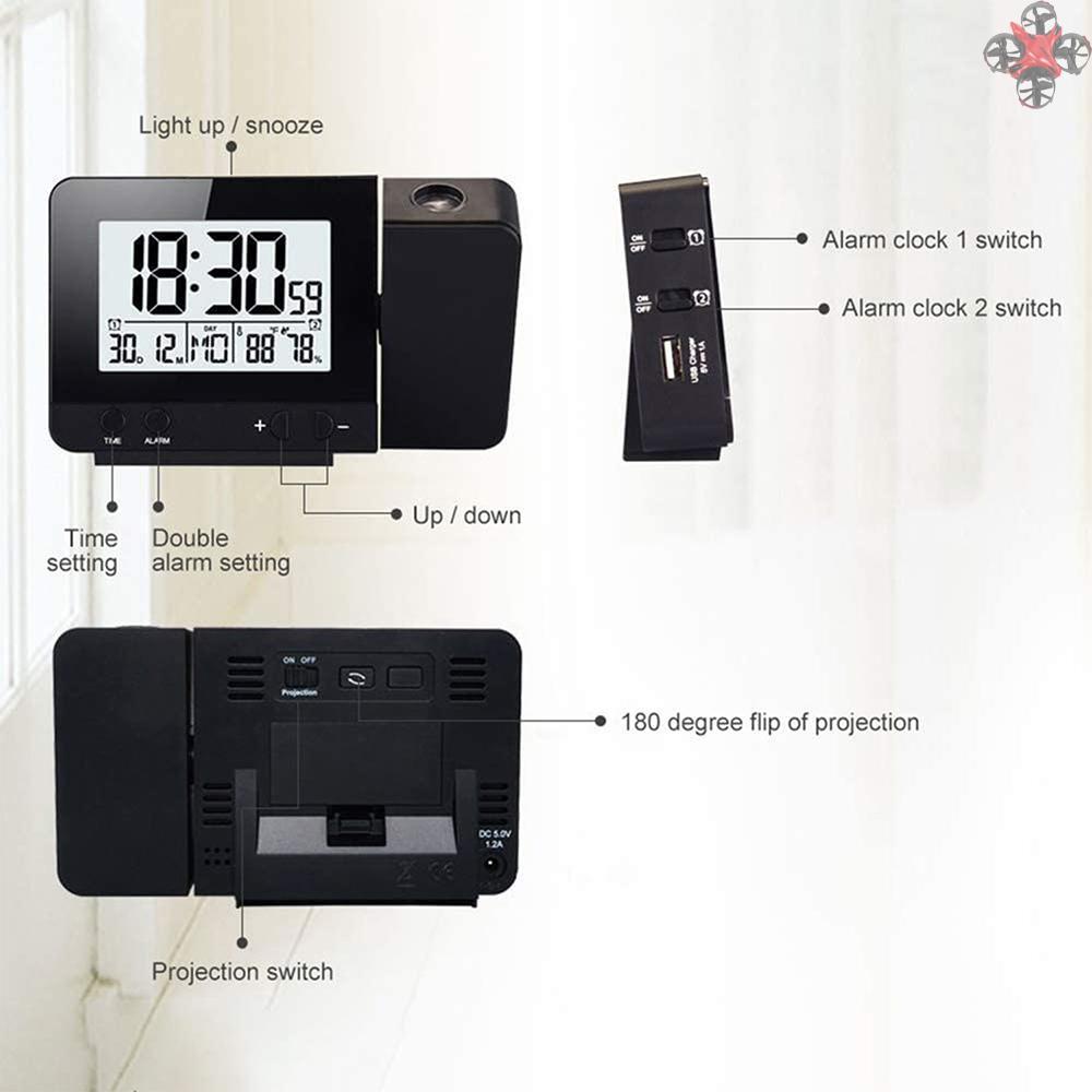 Projection Alarm Clock for Bedroom with Thermometer Hygrometer Digital Project Ceiling Clock Dimmable LED Display with USB Charger 180°Rotable with Dual Alarms 12/24H Snooze