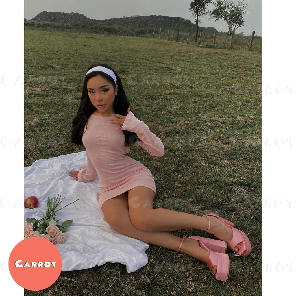 Đầm body hở lưng sexy váy ôm hồng sang chảnh cá tính khoét lưng tay dài thun co giãn tốt đi chơi carrotxinhdep-