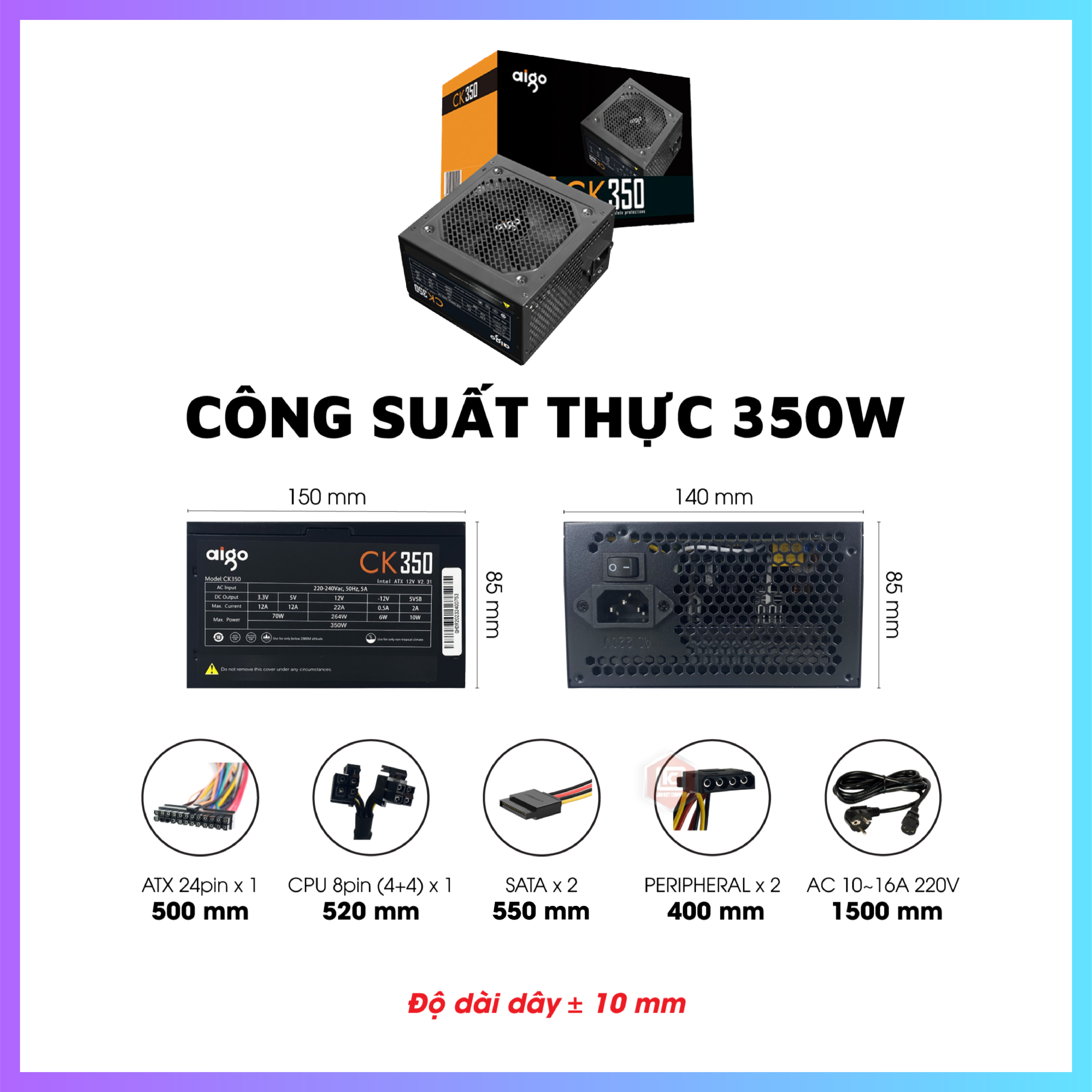 Nguồn Máy Tính AIGO CK350/CK450/CK500/CK550/CK650/CK650PRO Bảo hành 36 tháng - Hàng Chính Hãng