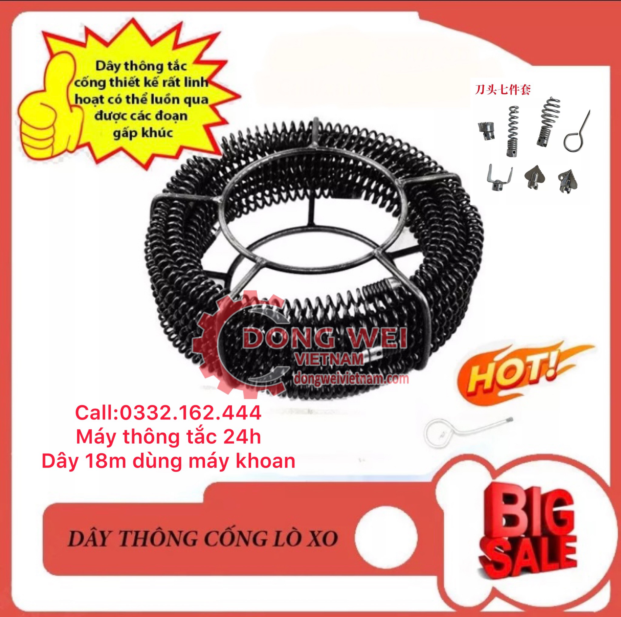 18M Dây Thông Tắc Cống Dạng Lò Xo Dây Phi 16 - Sử Dụng Bằng Khoan dài 18m kèm phụ kiện,6 đầu thông+đầu kết lối máy khoan