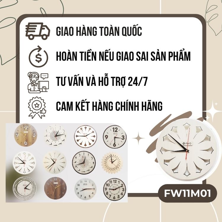 Đồng Hồ Treo Tường Gỗ Đẹp Decor Trang Trí, Hiện Đại Thương Hiệu FIVO Mẫu FW11 Hoạ Tiết Hình Thoi Cách Điệu Độc Đáo