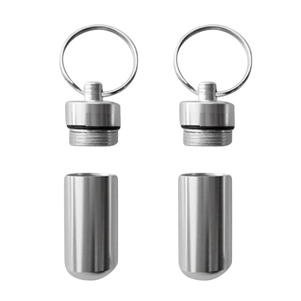 2pcs Aluminum Alloy Waterproof Key Ring Container Pill Storage Box Case Silver