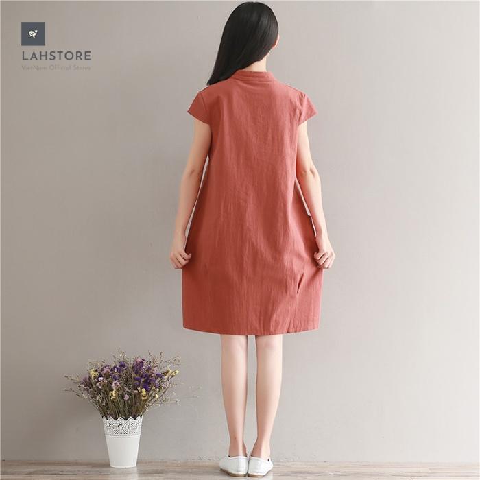 Đầm suông đũi cổ trụ LAHSTORE phối túi bên hông