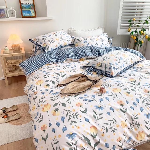 Set Chăn Ga Gối Cotton Dây Nơ Hàn Quốc Hàng Nhập Khẩu Cao Cấp 4 Món Hoa Xanh