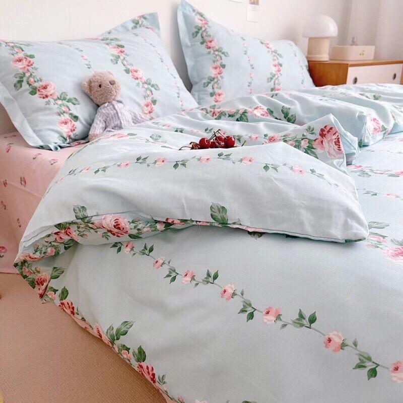 Set Cotton LiVing100%cotton Nhập Khẩu Cao Cấp Mẫu Mới về 4 Món Hoa nhí Xanh Vintage