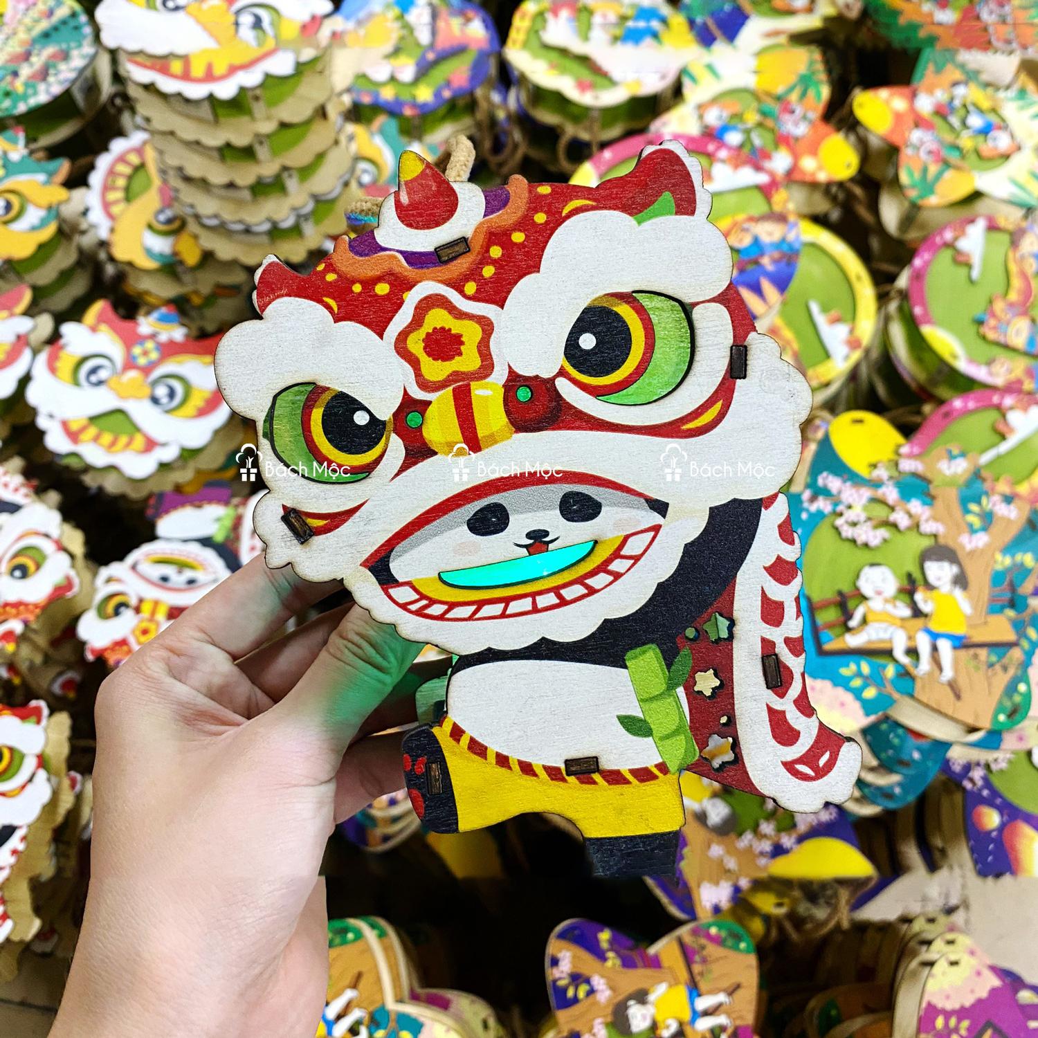 Lồng Đèn Trung Thu Gỗ 2 Mặt Màu - Bách Mộc - Gấu Trúc