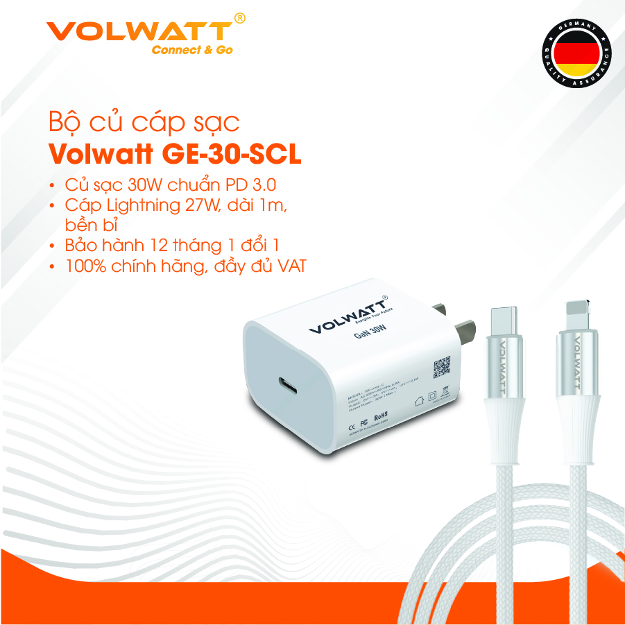 Bộ củ cáp sạc siêu nhanh Volwatt GE-30-SCL 30W GaN hàng chính hãng | Adapter PD Type-C + Cáp Type-C to L 1m, BH 12 tháng