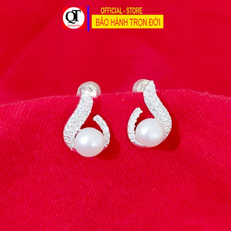 Khuyên tai nụ ngọc trai chất liệu bạch thật đeo sát tai kết đá trắng cao cấp trang sức Bạc Quang Thản - QTBT146