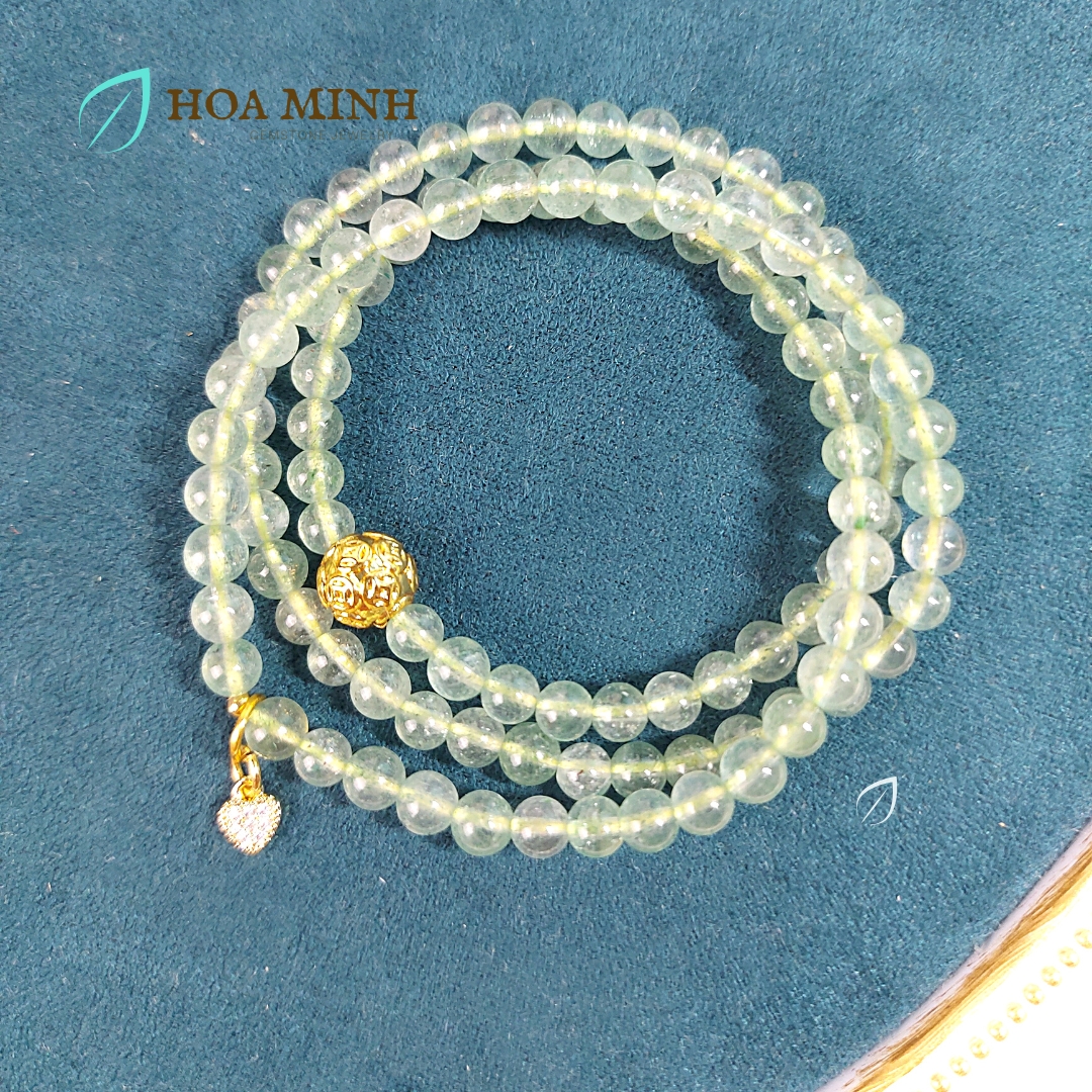 Vòng tay Thạch anh Dâu Xanh 5 li quấn 3 phối bi kim tiền và móc trái tim đính đá, hợp Mệnh Mộc Hỏa