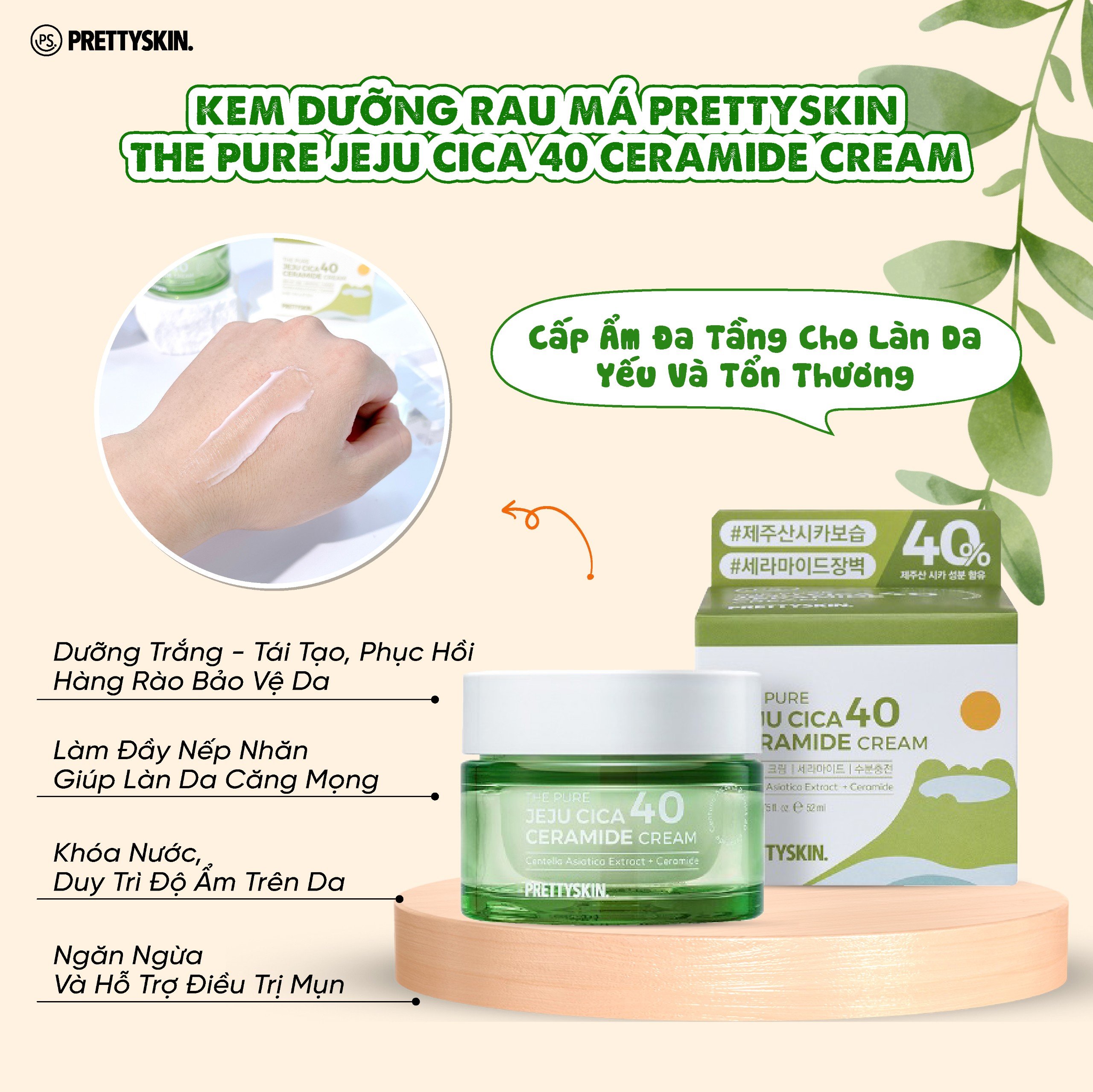 Combo tinh chất rau má và kem dưỡng rau má THE PURE JEJU CICA 40 CERAMIDE CREAM
