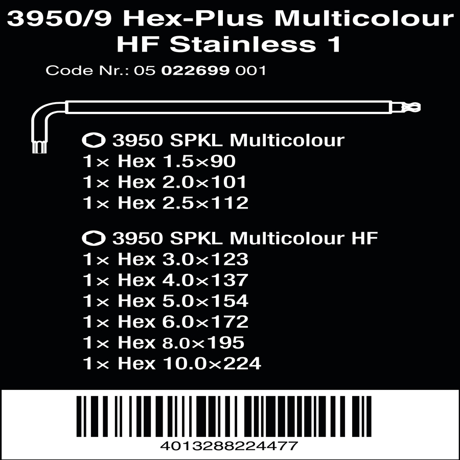 Bộ lục giác thép không gỉ nhiều màu đầu có VIÊN BI giữ vít Wera 05022699001 3950/9 Hex-Plus Multicolour HF Stainless 1