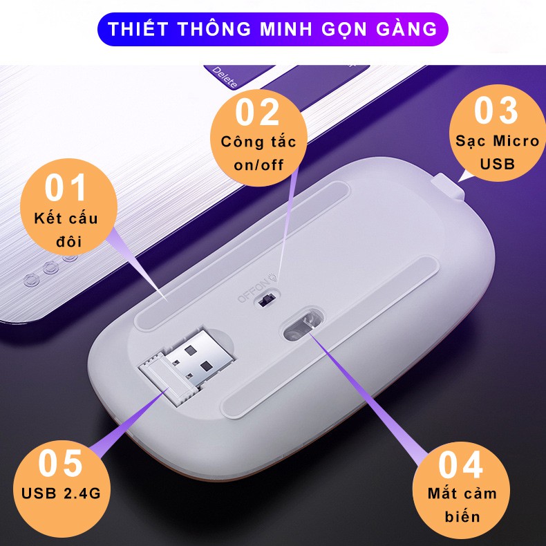 Chuột Không Dây Bluetooth SEASY A2 Sạc Pin, Chống Ồn, Chế Độ Kép Wireless Usb 2.4Ghz, Hiệu Ứng Đèn Led RGB- Hàng Chính Hãng