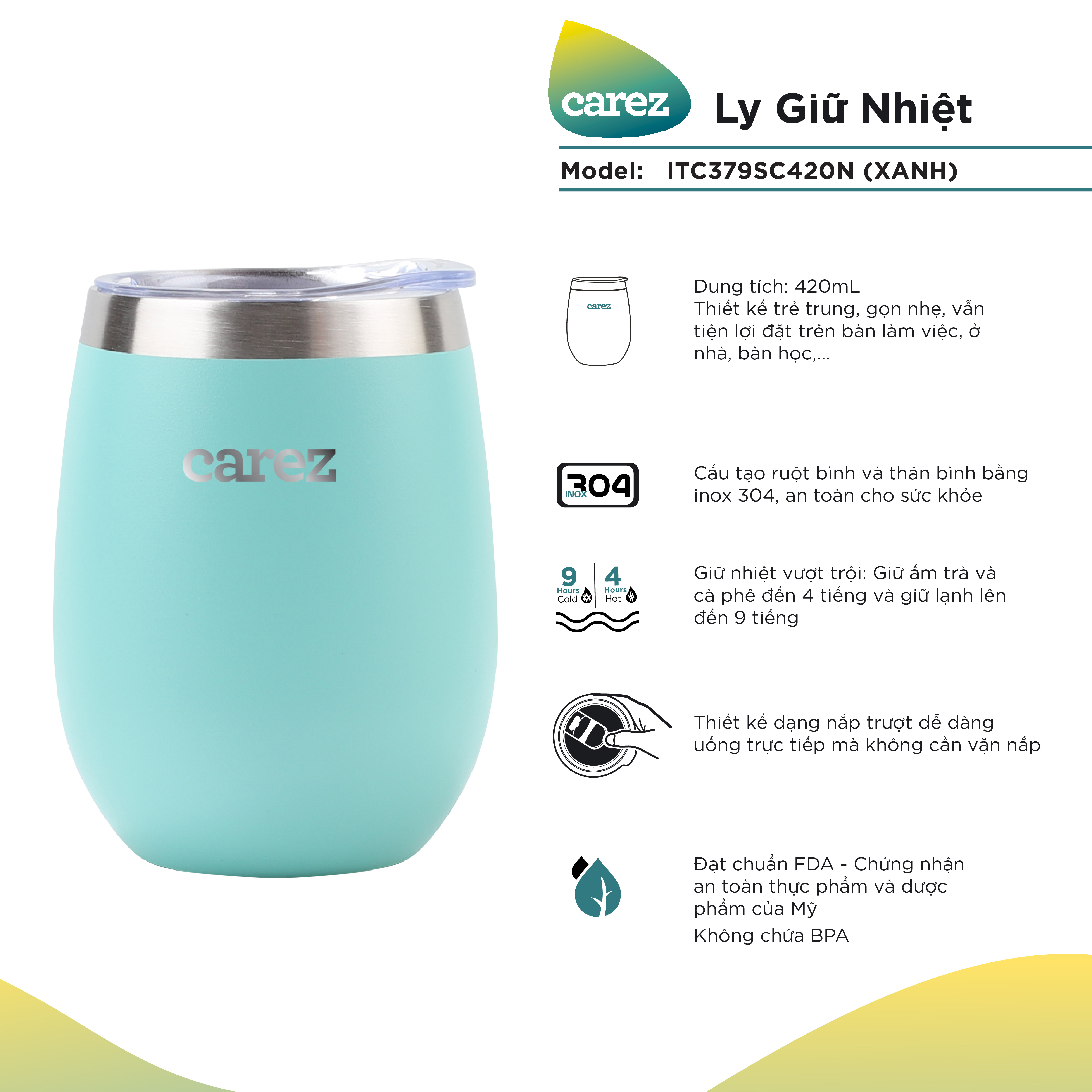 Ly Giữ Nhiệt Carez ITC379SC420N - XANH- 420ml, Inox 304, Không chứa BPA - Giữ nóng đến 4 tiếng, giữ lạnh đến 9 tiếng - Hàng chính hãng