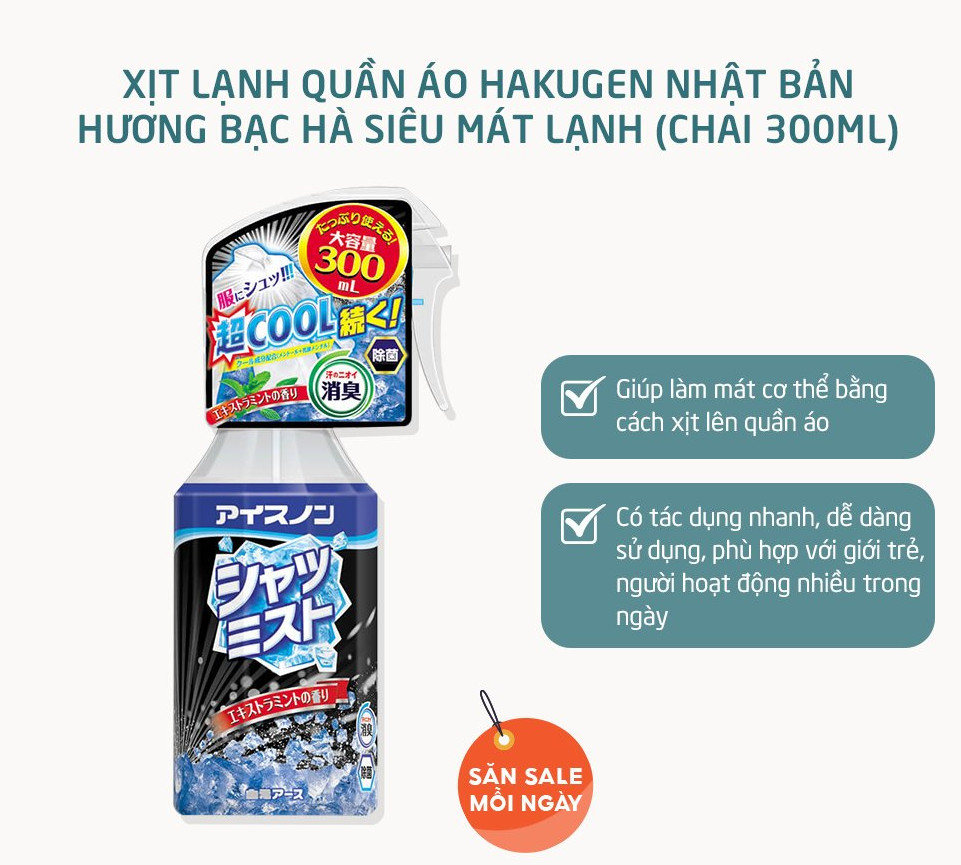 Xịt Lạnh Quần Áo Làm Mát Cơ Thể Hakugen Nhật Bản Siêu Bạc Hà Thơm Mát Lạnh 300ml