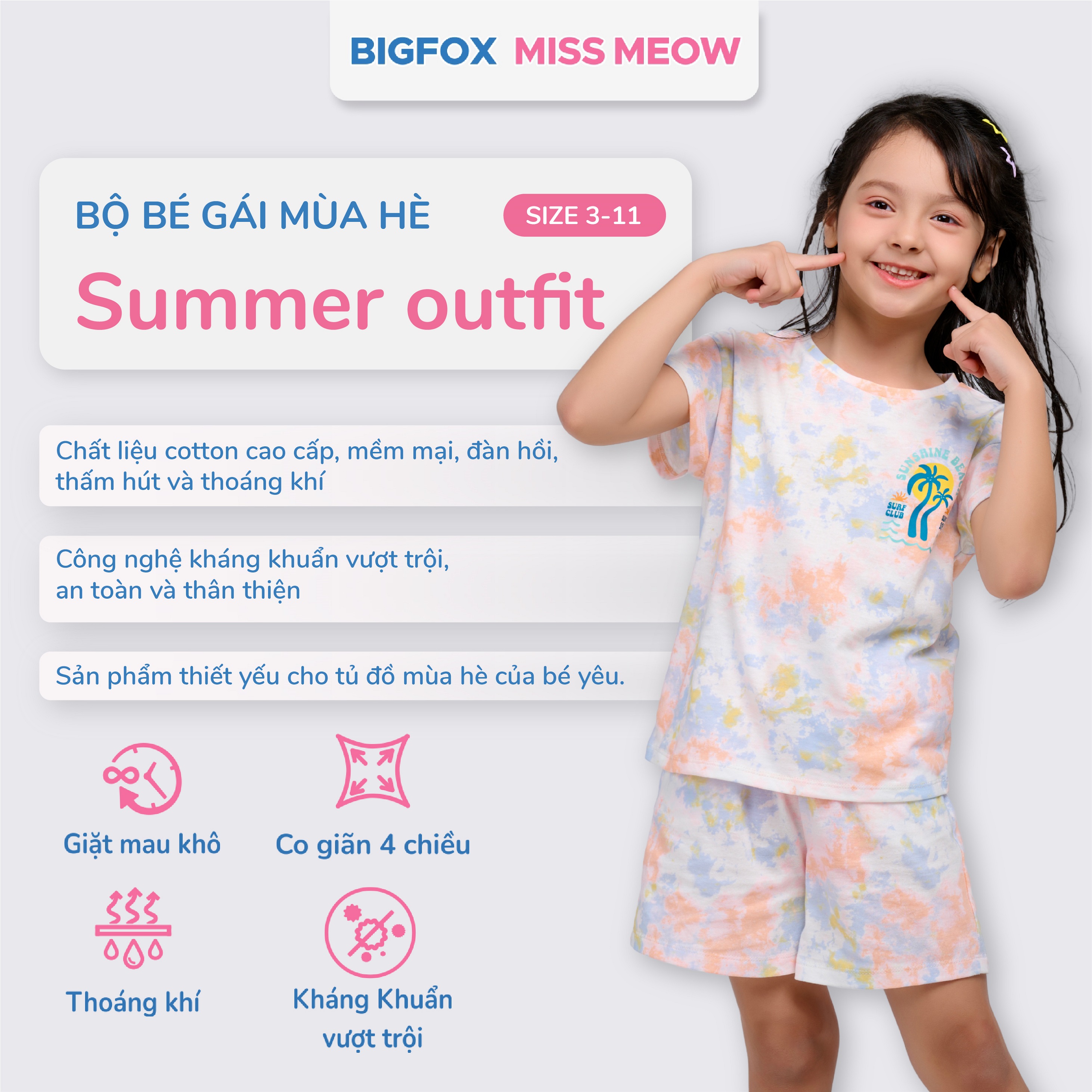 Bộ cotton bé gái Bigfox Miss Meow size đại cộc tay mùa hè in loang đẹp cỡ 3,6,9,11 tuổi 30kg 40kg