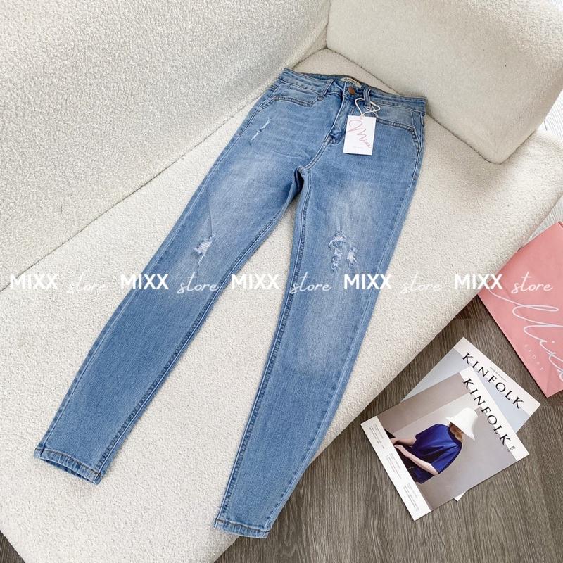 Quần jean nữ skinny rách xước lưng cao ngang rốn chất dày dặn co giãn thoải mái phom 9 tấc