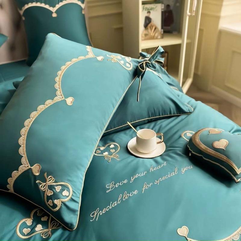 Bộ Chăn Ga Gối lụa 7 món chất liệu thêu ai cập dầy dặn