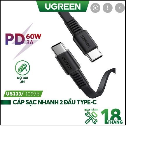 Cáp sạc và truyền dữ liệu từ máy tính ra điện thoại Ugreen 10971 0.5M, 10972 1m màu đen usb type c 2.0 Hàng Chính Hãng