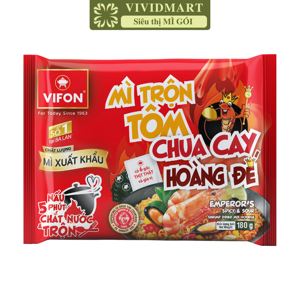 VIFON - Mì trộn Vifon xuất khẩu Tôm chua cay hoàng đế, Mì trộn Tôm chua cay hoàng đế Vifon xuất khẩu (180g/gói)