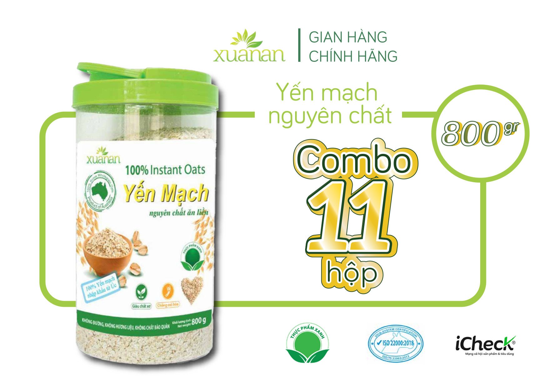 Combo 11 Hộp Yến Mạch Nguyên Chất Ăn Liền Xuân An [ko đường] Hộp 800G (Tặng Kèm 11 Túi Ngũ cốc Gạo Lức Huyết Rồng 200G)