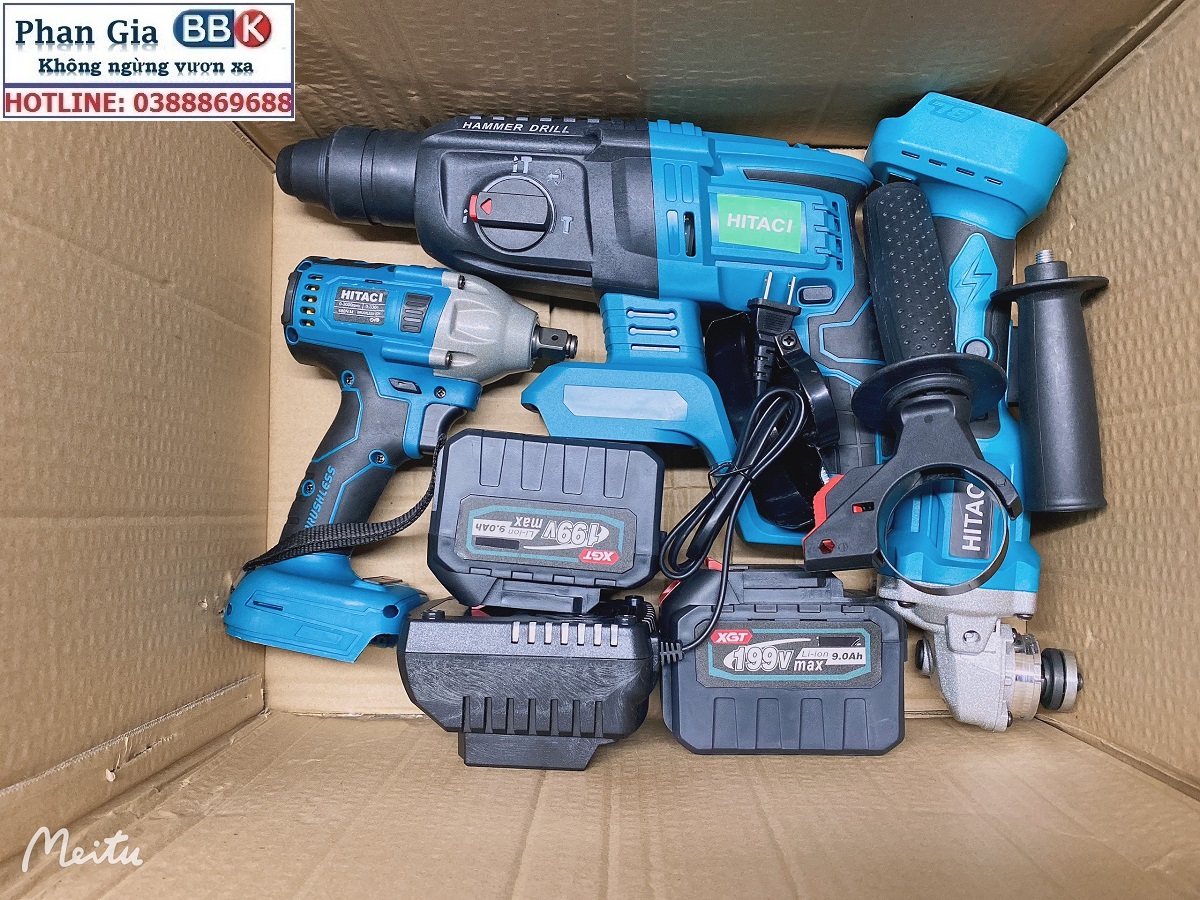 Bộ Combo 3 Trong 1 Gồm Máy Khoan Đục Bê Tông, Máy Mài Và Máy Siết Bulong Dùng Pin 199V 15 Cell, Lõi Đồng 100%, Động Cơ Không Chổi Than - Bảo Hành 1 Năm