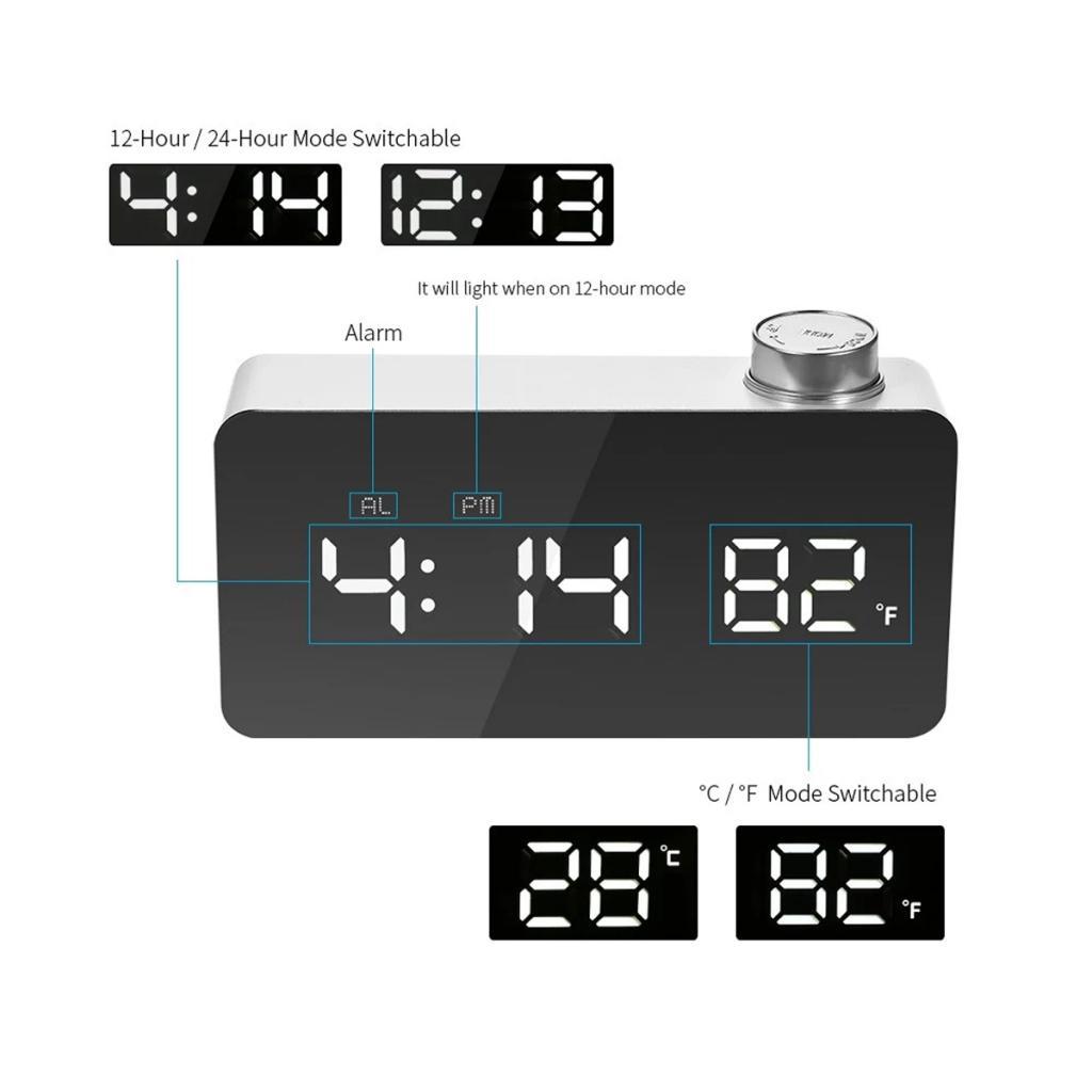 Creative Digital LED Mirror Alarm Clock With Thermometer Display 12H/24H