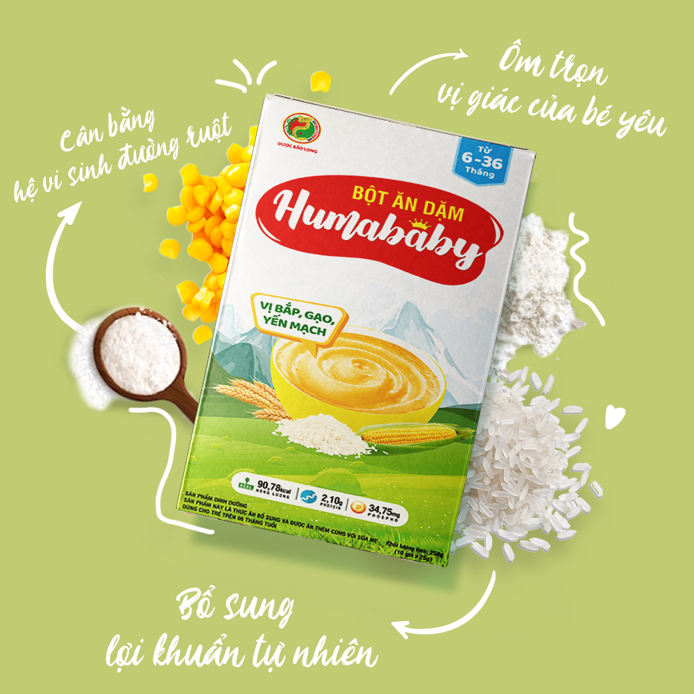 Bột Ăn Dặm Humababy Vị Bắp - Gạo - Yến Mạch - Hộp 10 Gói x 25g