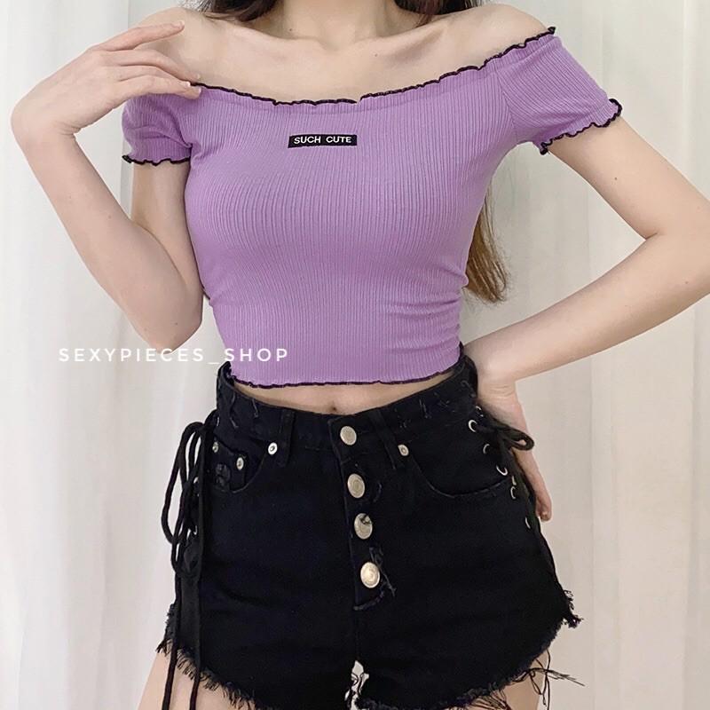 top tím trễ vai viền đen