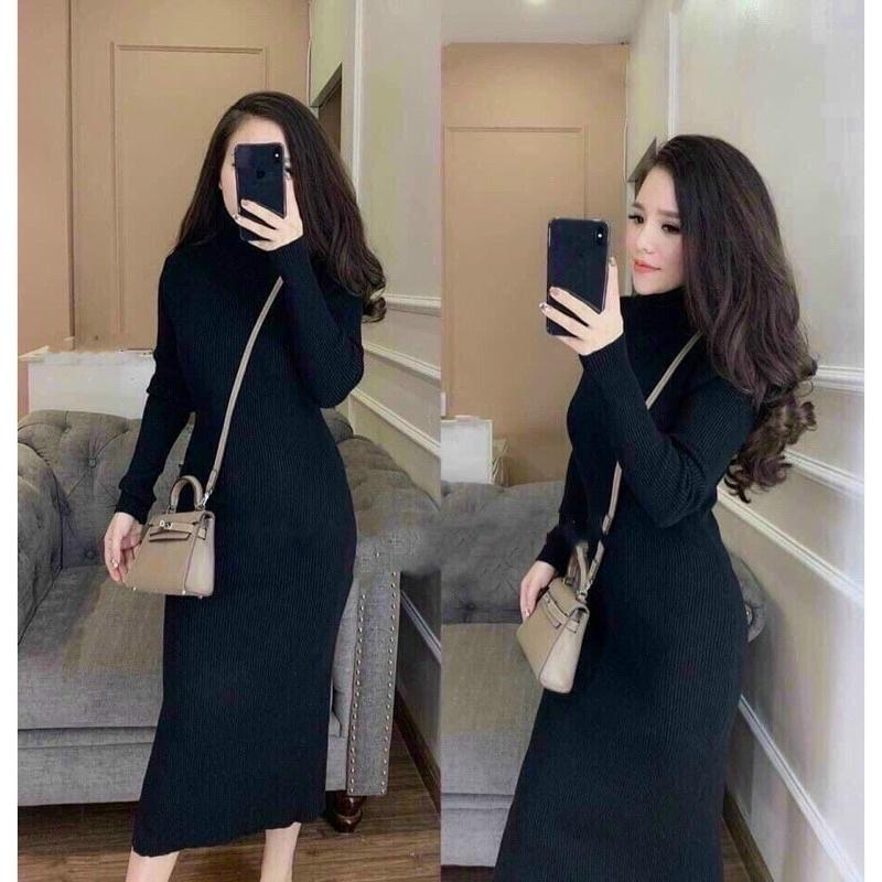 Váy len cổ lọ dáng dài màu đen
