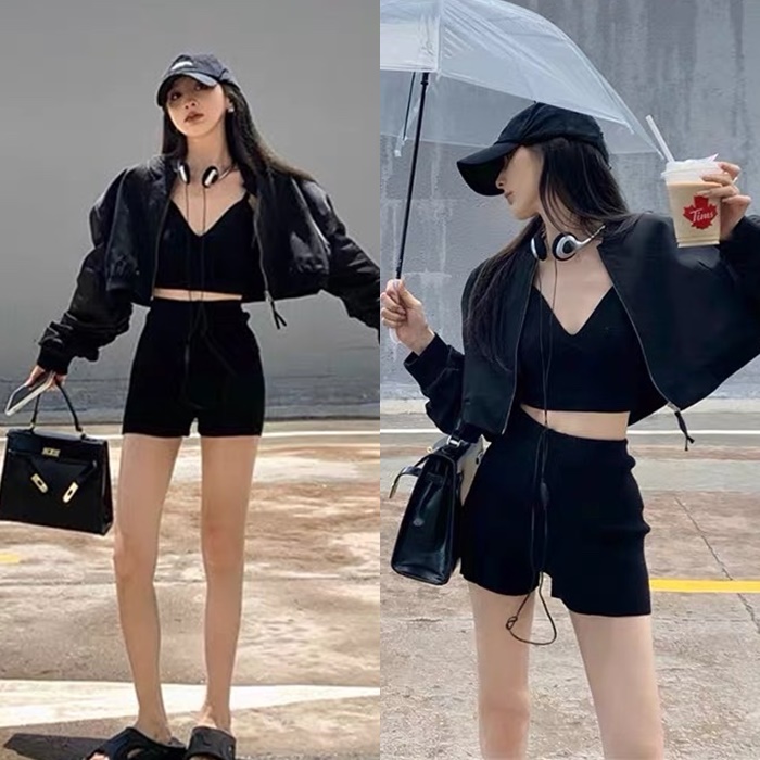 SET ÁO KHOÁC BOMBER CROPTOP LỬNG ĐEN TAY DÀI + ÁO BRA 2 DÂY + QUẦN ĐÙI ÔM BODY NGẮN SHORTS DẠO PHỐ ĐI CHƠI THỂ THAO