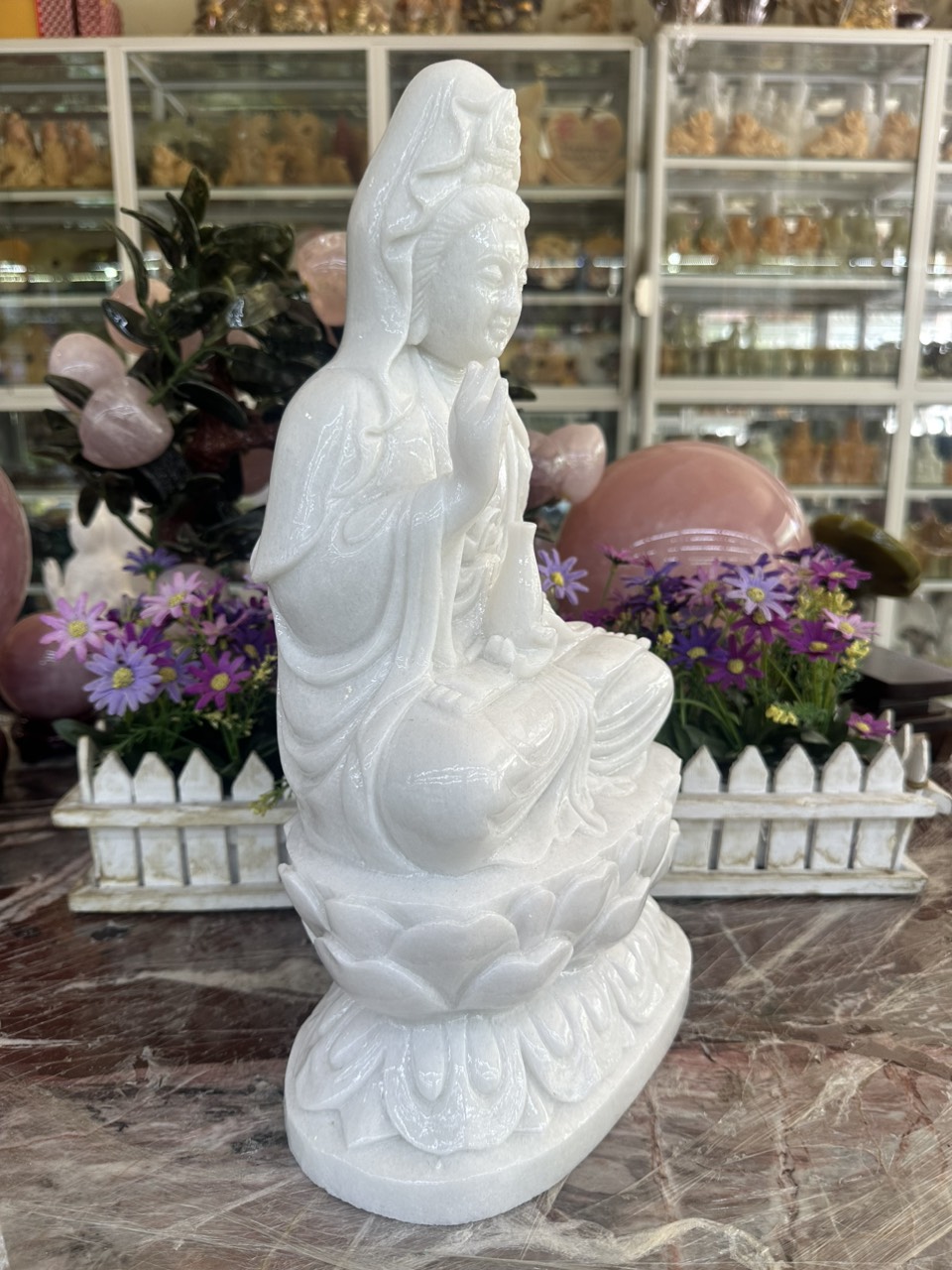 Tượng Phật Bà Quan Thế Âm Bồ Tát ngồi đài sen đá cẩm thạch trắng - Cao 40 cm