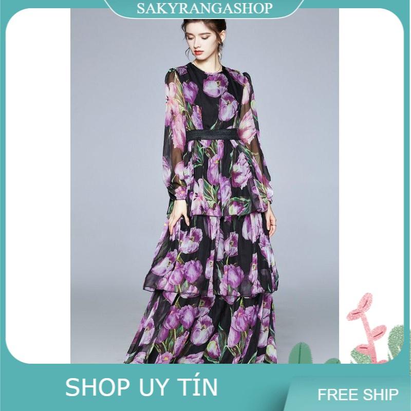 HÀNG NHẬP - ĐẦM MAXI TẦNG HOA TULIP TÍM