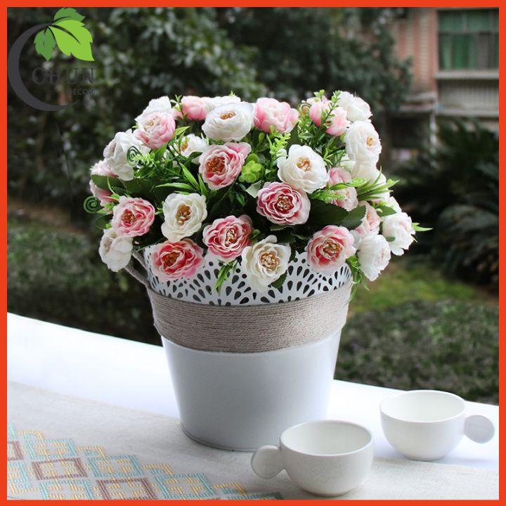 Hoa giả - Bình hoa hồng trà cao 30cm trang trí nhà cửa, văn phòng, cửa hàng, lớp học, làm đạo cụ chụp ảnh