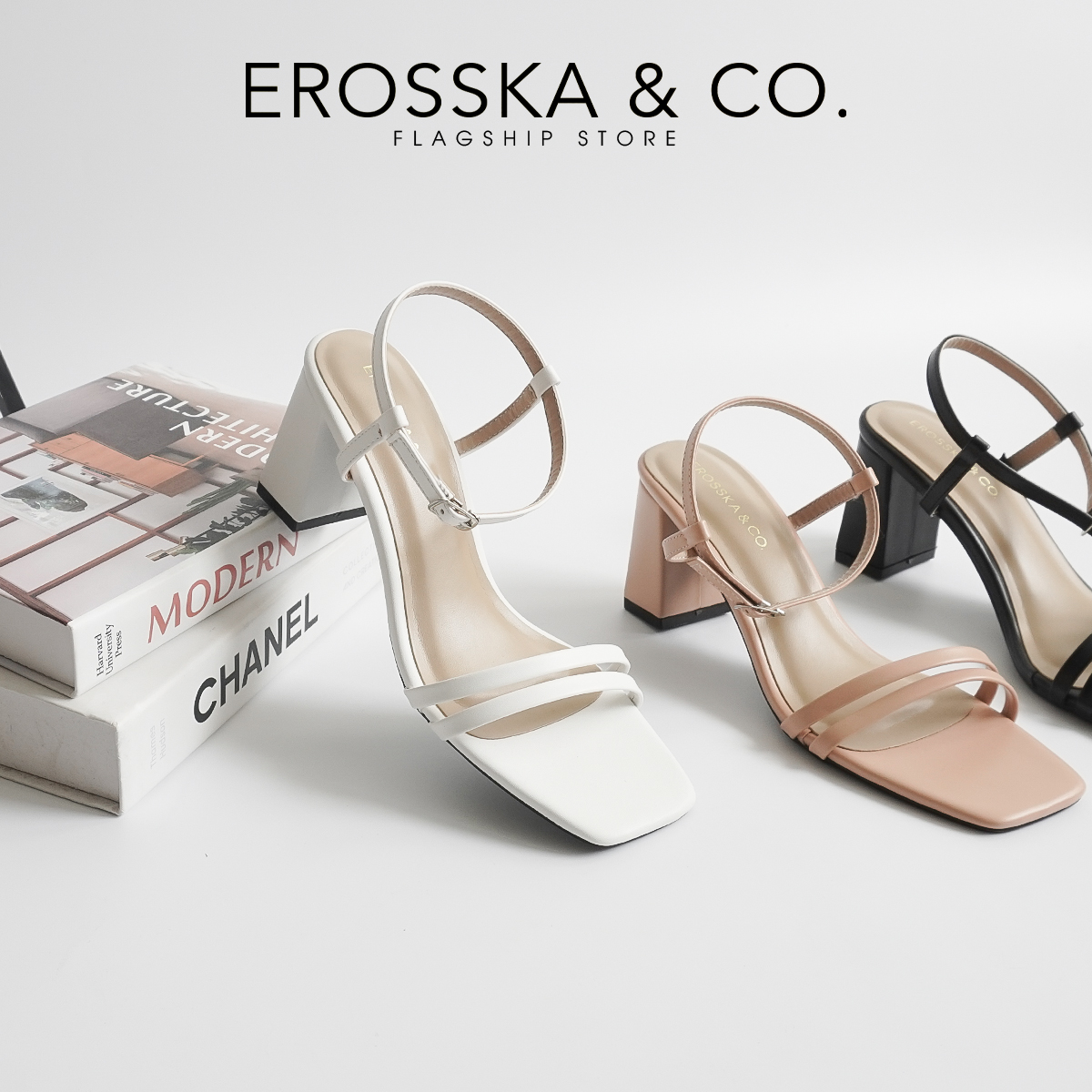 Erosska - Sandal cao gót mũi hở đế vuông phối dây quai mảnh cao 7cm - EB063