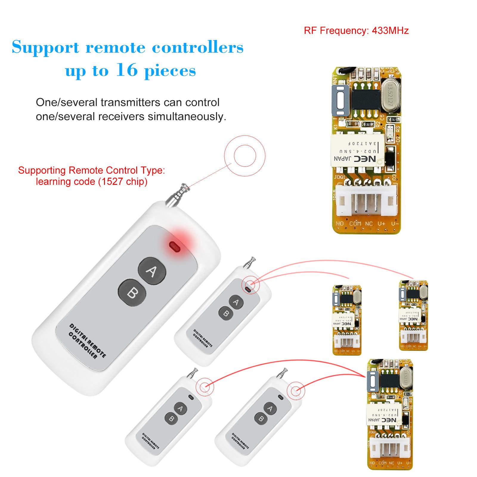 433Mhz DC 3.7V 4.5V 5V 6V 7.4V 9V 12V Universal Receiver Module RF Remote Control Switch Relay 1CH Mini Wireless Control Switch 3.7V-12V Wide Working Voltage + 1PCS 2 Key 433 Mhz Transmitter Remote Controls 1527 Chip