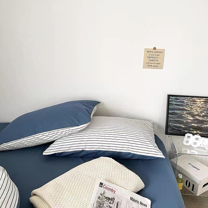 Bộ Vỏ chăn ga gối Cotton TC Nhà Nhím Chăn ga gối kẻ sọc caro 4 món