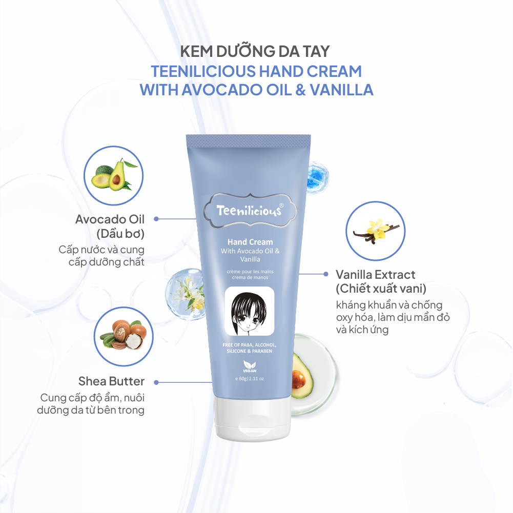 Hình ảnh Kem Dưỡng Da Tay Teenilicious Hand Cream With Avocado Oil & Vanilla Làm Dịu Và Dưỡng Ẩm Tối Ưu 60g