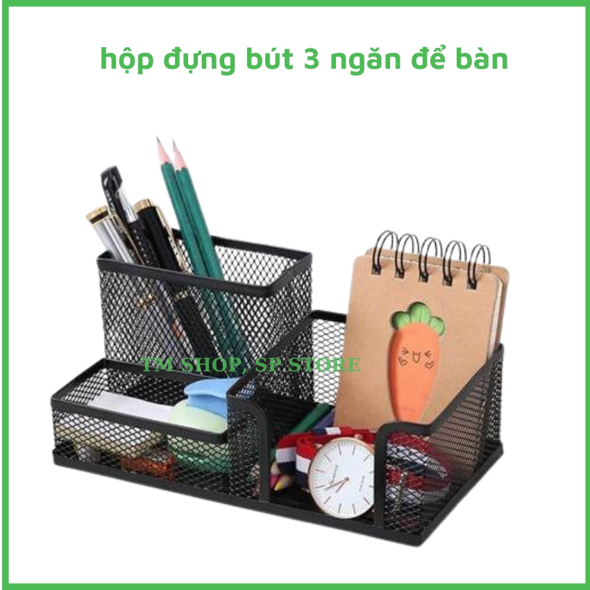 Hộp đựng bút 3ngăn để bàn kim loại đa năng, bền đẹp phù hợp cho bàn học, bàn làm việc, văn phòng
