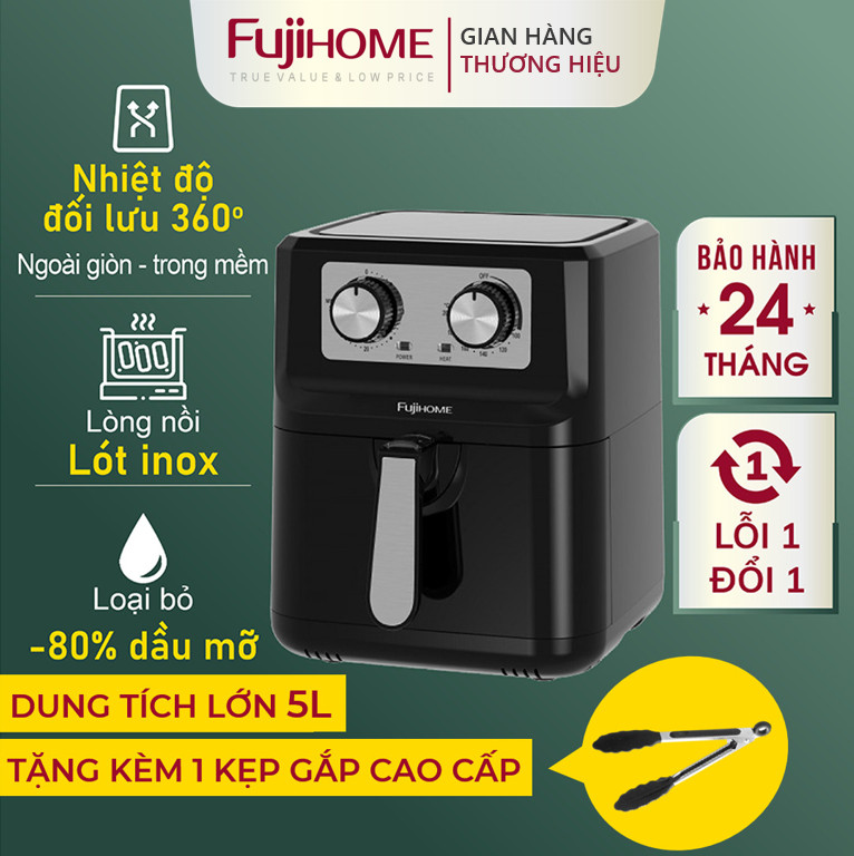 Nồi chiên không dầu 5L Nhật Bản Fujihome (đi kèm gắp) tự ngắt, lò chiên nướng không khí k dầu cơ 5 lít không hơi nước air fryer - Hàng Nhập Khẩu