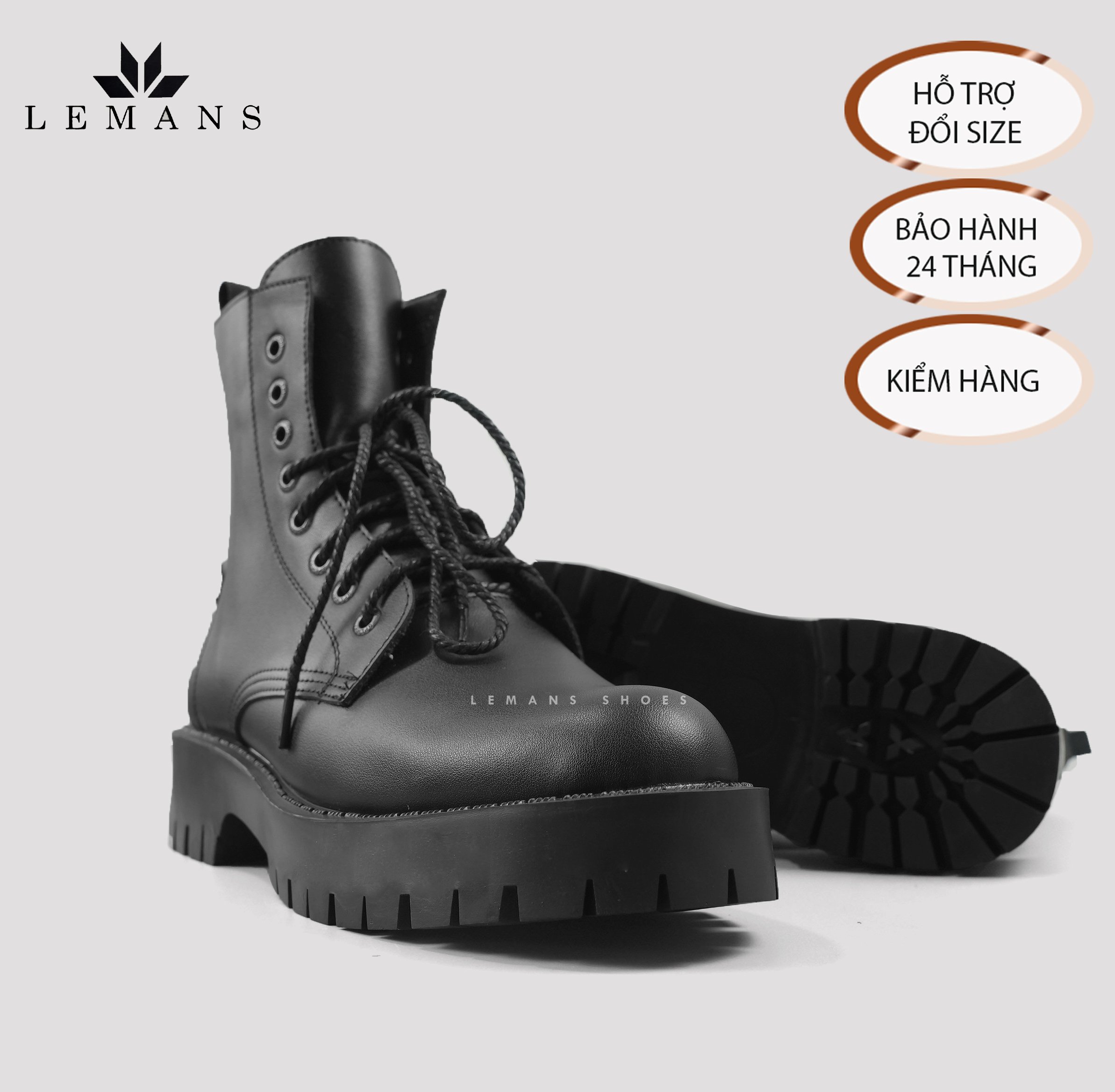 [CHUNKY COMBAT] Boots LEMANS nam - Da bò nguyên tấm - Đế Chunky cao su đúc nguyên khối - Bảo hành 12 tháng