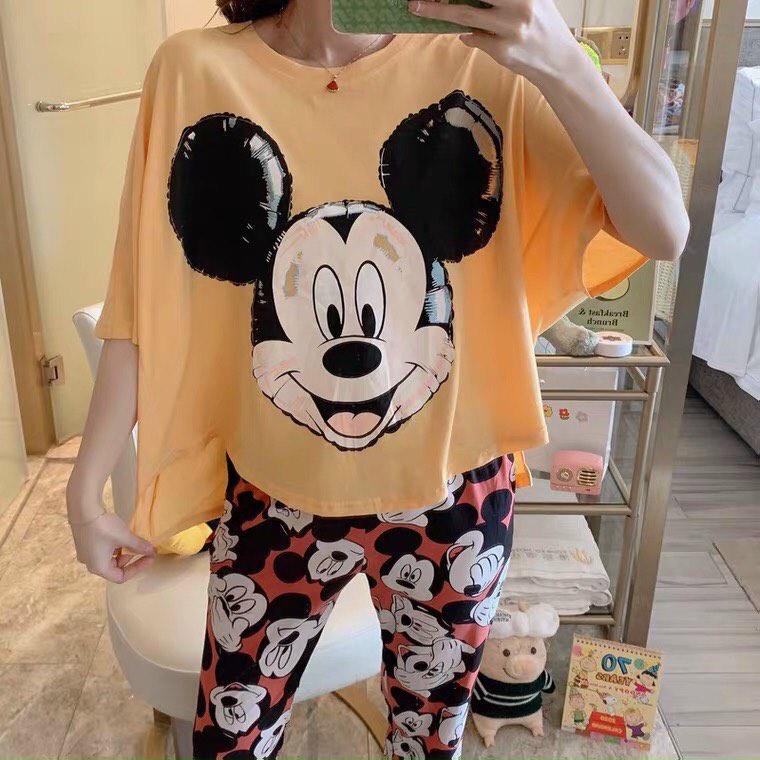 Set bộ đồ dành cho nữ, in hình chuột mickey dễ thương, áo cộc tay quần dài chất thun cotton mềm mại mát mẻ