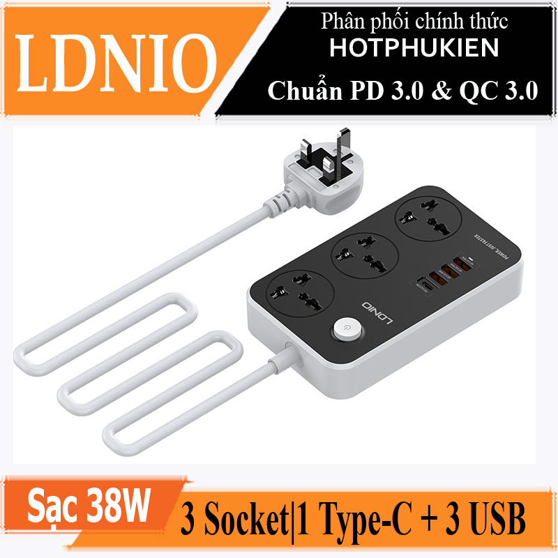 Ổ cắm điện đa năng 7 in 1 hỗ trợ sạc nhanh 38W PD 20W tổng công suất 2500W ra 3 ổ cắm 3 chân, 1 PD Type C 20W và 3 USB QC 3.0 18W hiệu LDNIO SC3412 - hàng nhập khẩu