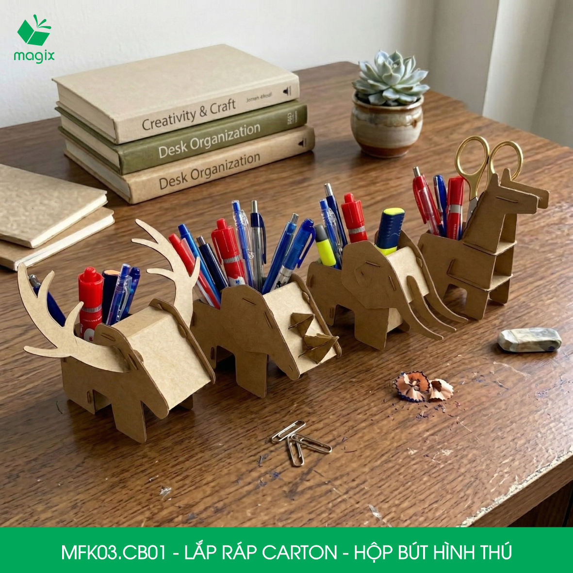 MFK03.CB01 - Combo 4 hộp đựng bút lắp ghép giấy carton hình thú - con voi, tê giác, con hươu, con ngựa