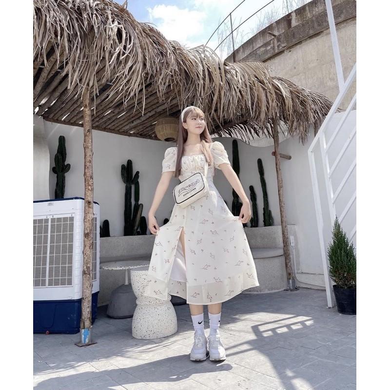 Váy hoa nhúm ngực xẻ tà tay bồng/Đầm hoa Wedding dress