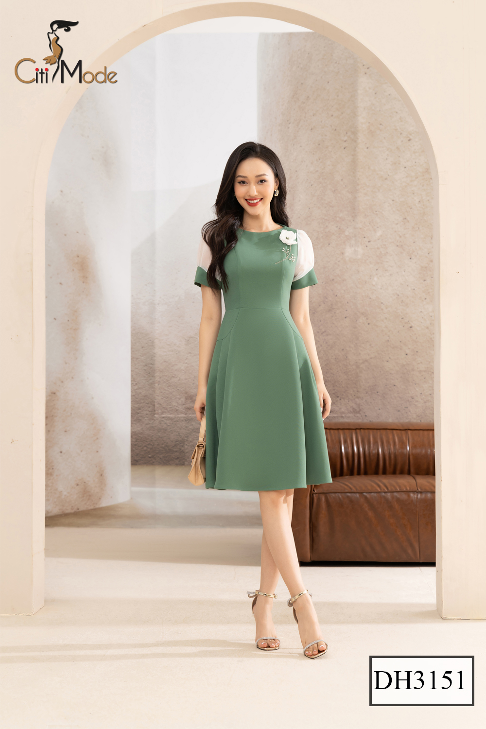 Đầm xòe công sở CITI MODE xanh lá tay phối voan trắng đính hoa vai cao cấp DH3151