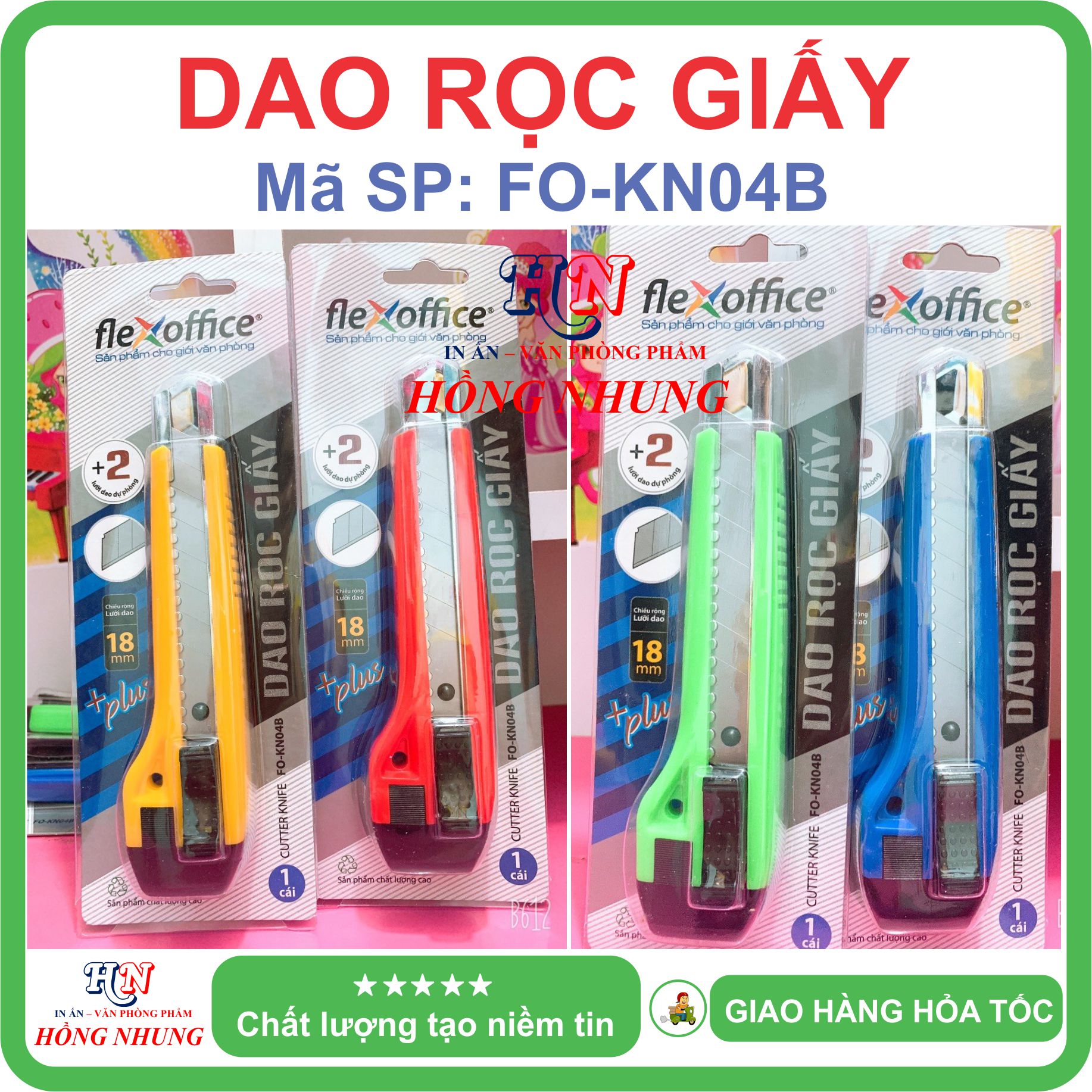 [SALE] Dao Rọc Giấy Flexoffice FO-KN04B / KN02B, Chiều Rộng Lưỡi Dao 18mm, Mẫu Mã Đẹp, Bao Bì Sang Trọng